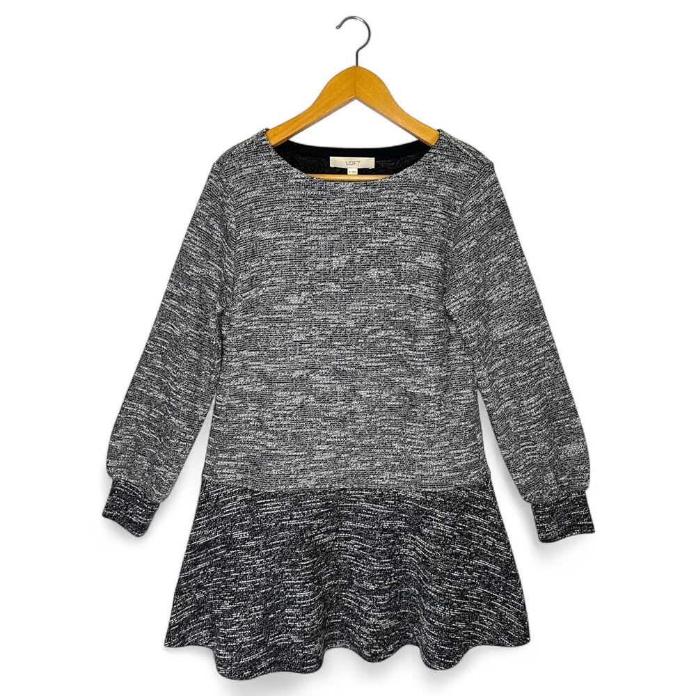 Ann Taylor LOFT Long Sleeve Tweed Drop Waist Dress M Gray Balloon Sleeve A-Line - Picture 2 of 10